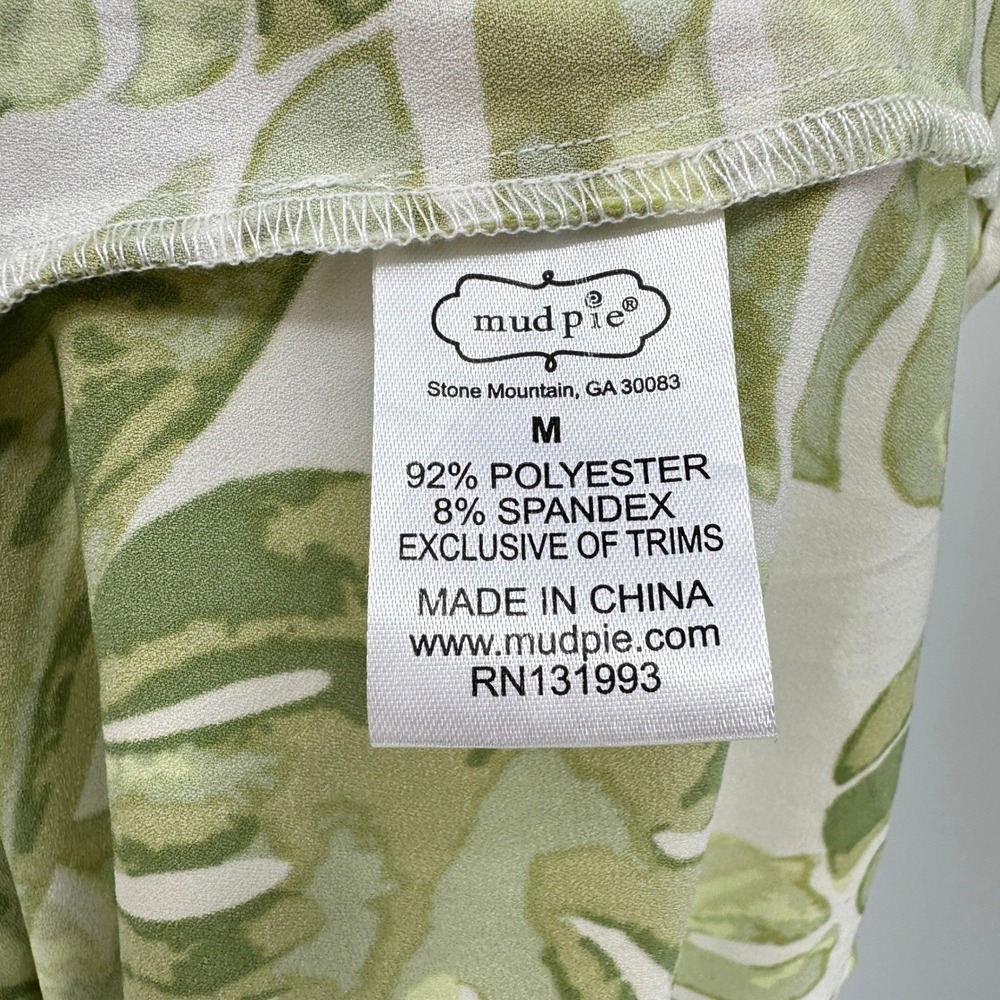 Mud Pie Palm Leaf Dress M Smocked Waist Ruffle Tiered Green/White Coastal Vacay - Picture 8 of 9
